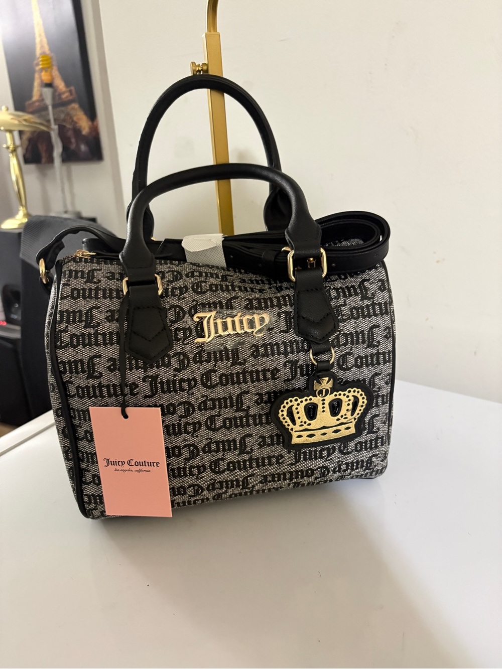 Juicy Couture Black and Pink Logo Satchel with Gold Charm